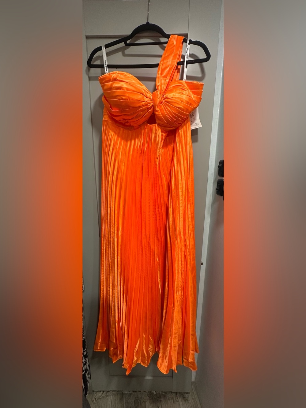 Mcollnas Vibrant Orange Pleated Satin Maxi Dress